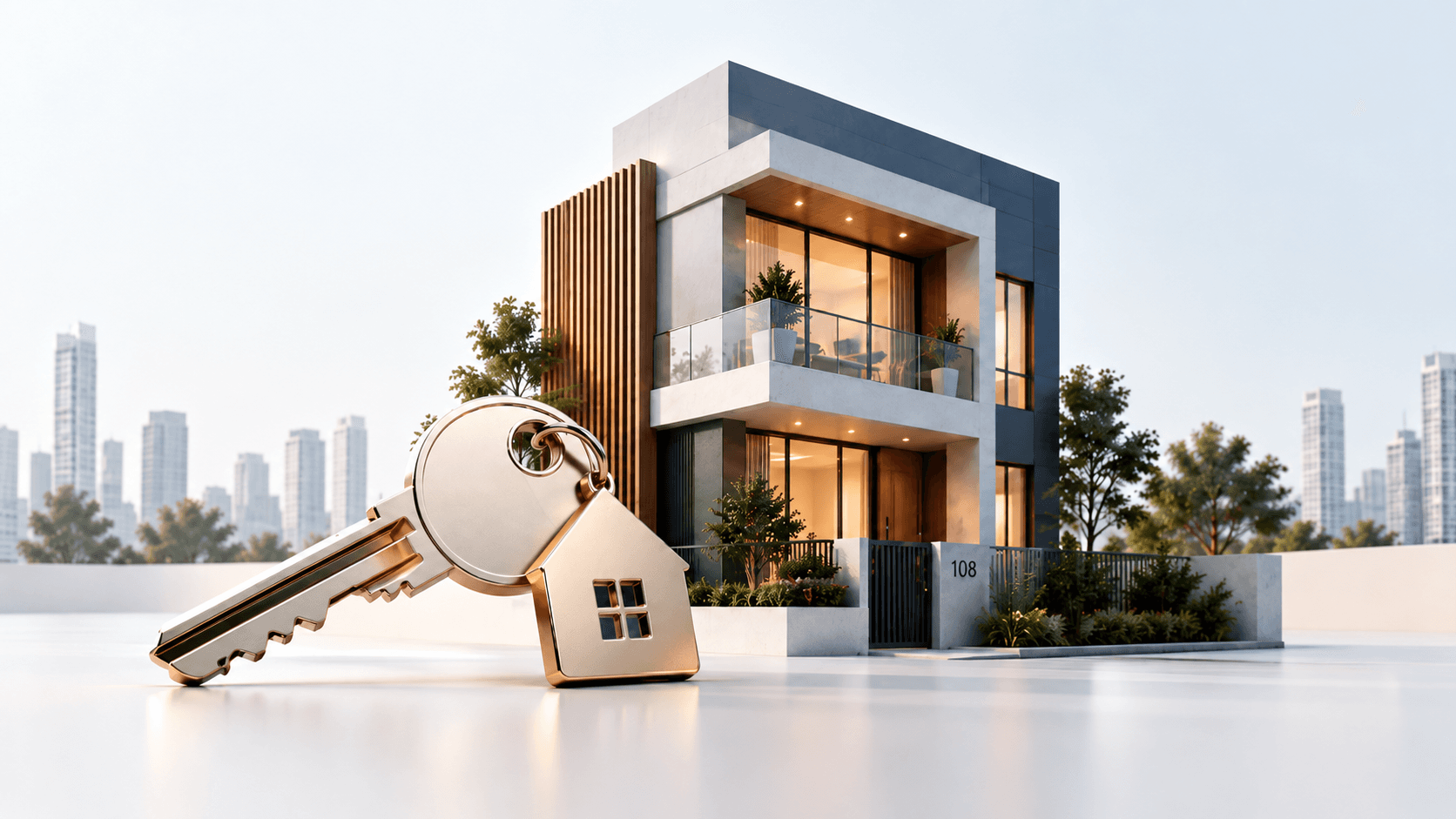 Chave de casa em frente a um imóvel moderno